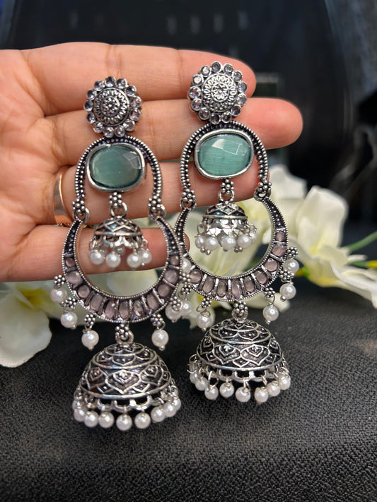 Teal Silver Double Jhumka