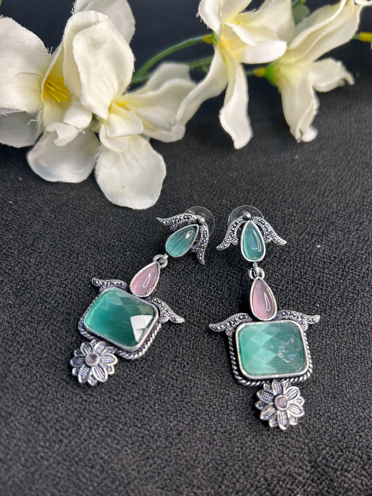 Dark Teal & Pink Square Shaped Silver Floral drop, pair view