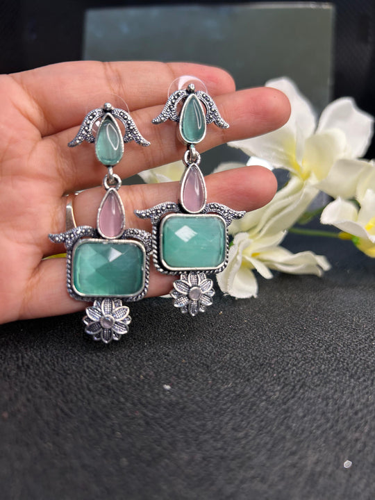 Dark Teal & Pink Square Shaped  Silver Floral drop