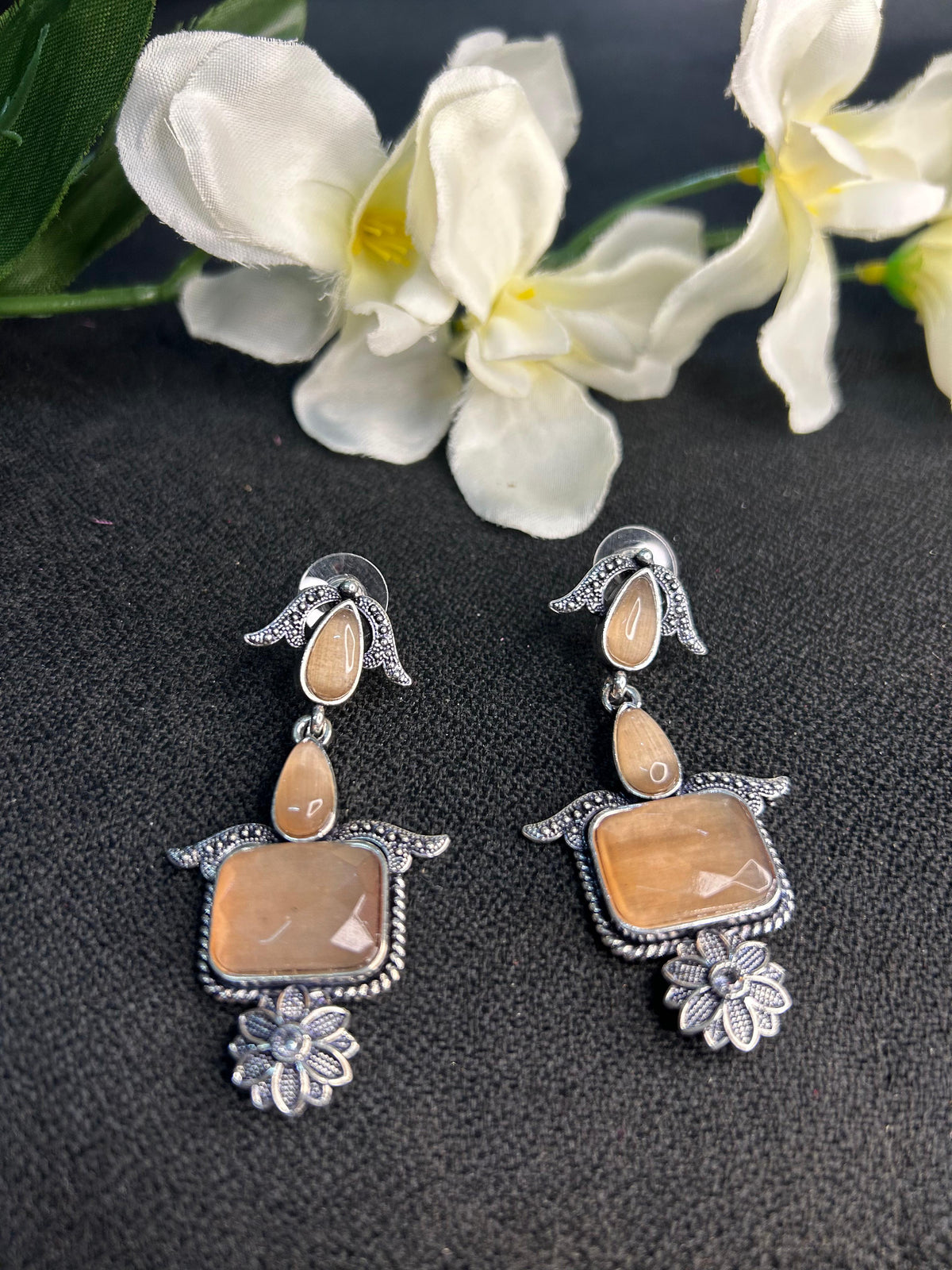 Peach Square Shaped Silver Floral drop, pair view