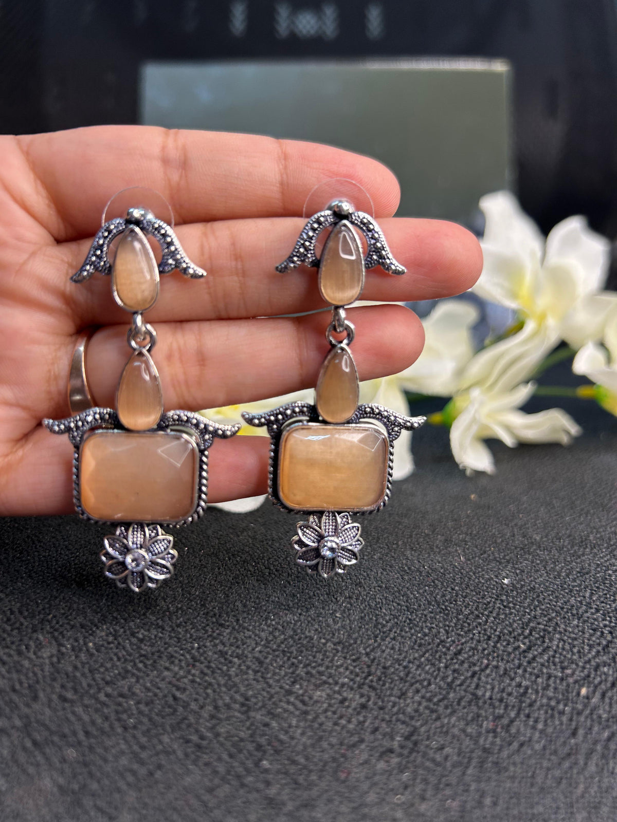 Peach Square Shaped Silver Floral drop, oxidised jewellery India, close-up