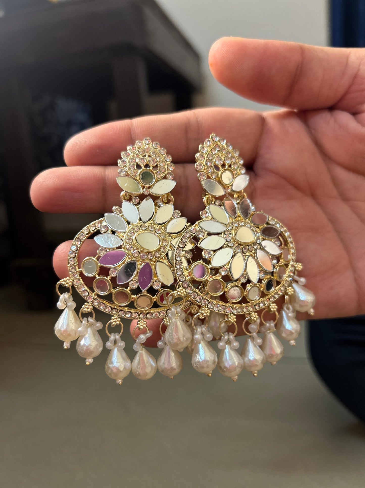Royal Mirror Pearl Chand Bali Earrings & Mang Tika set