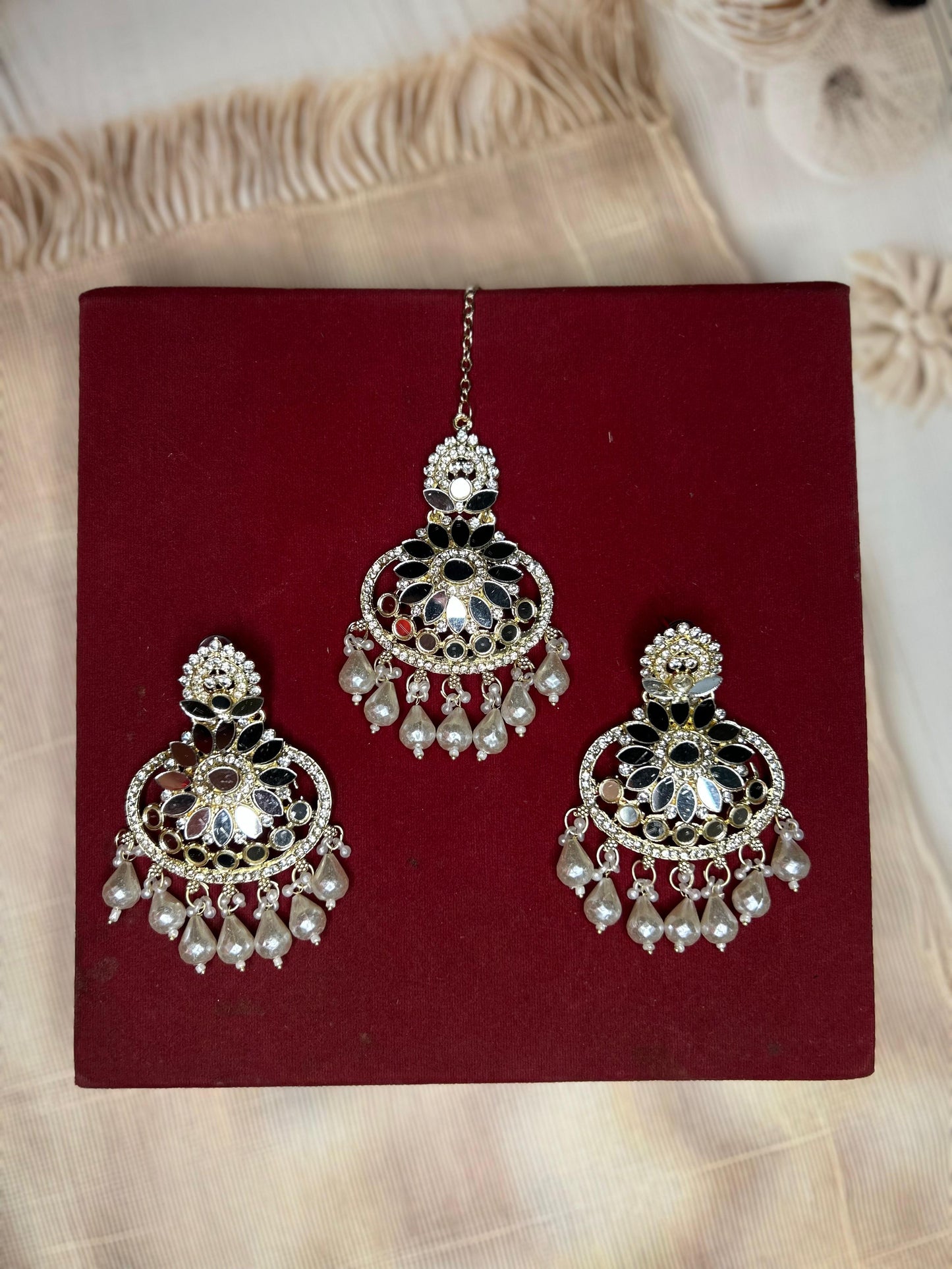 Royal Mirror Pearl Chand Bali Earrings & Mang Tika set