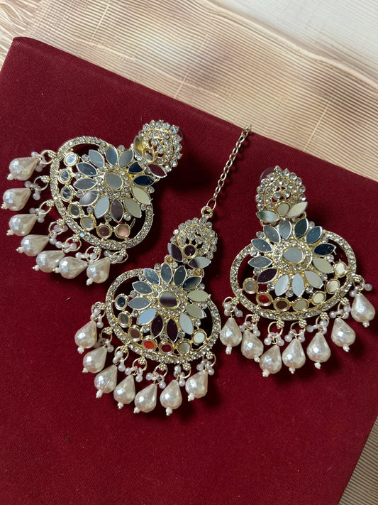 Royal Mirror Pearl Chand Bali Earrings & Mang Tika set