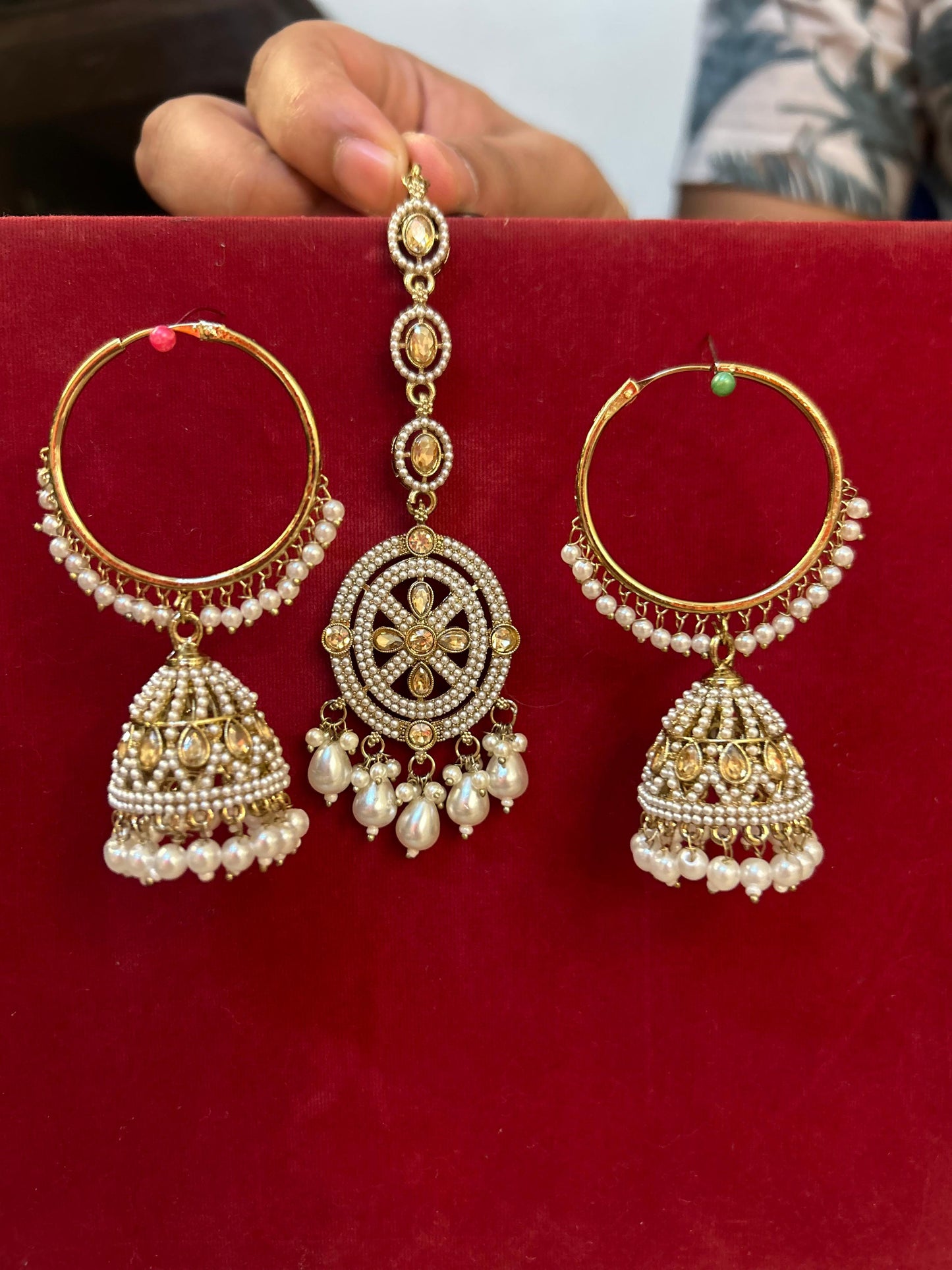 Premium Bali Jhumka and Mang Tika with Pearl and Stone work Set