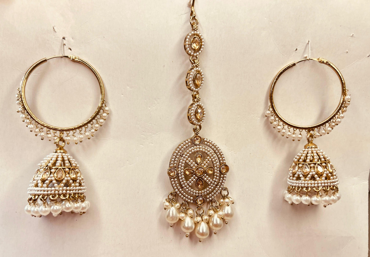 Premium Bali Jhumka and Mang Tika with Pearl and Stone work Set