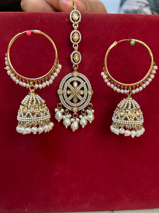 Premium Bali Jhumka and Mang Tika with Pearl and Stone work Set