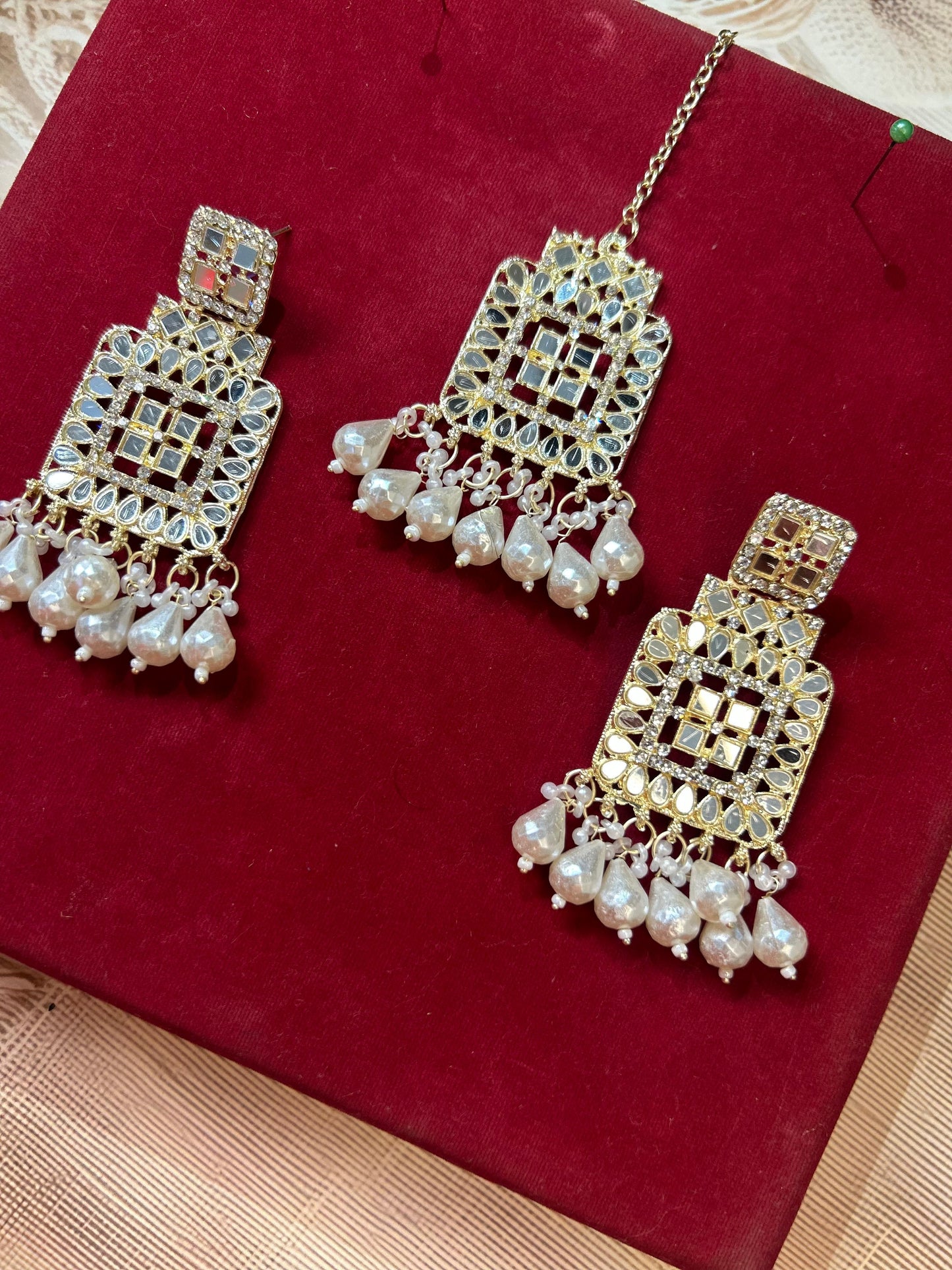 Royal Tika Pearl Earrings and Mang Tika Set