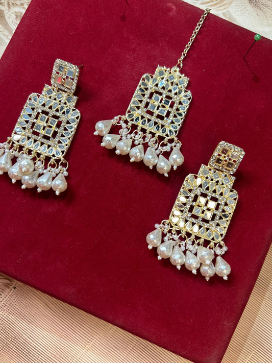 Royal Tika Pearl Earrings and Mang Tika Set