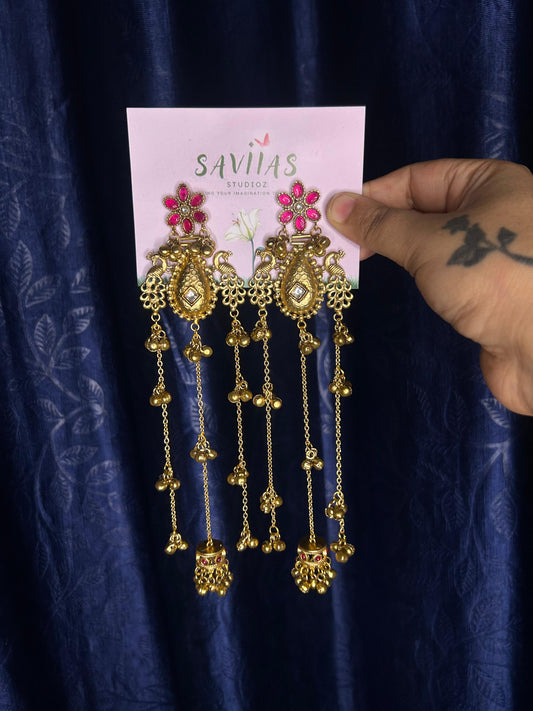 Kashmiri Ghungroo Earrings with Ruby Flower