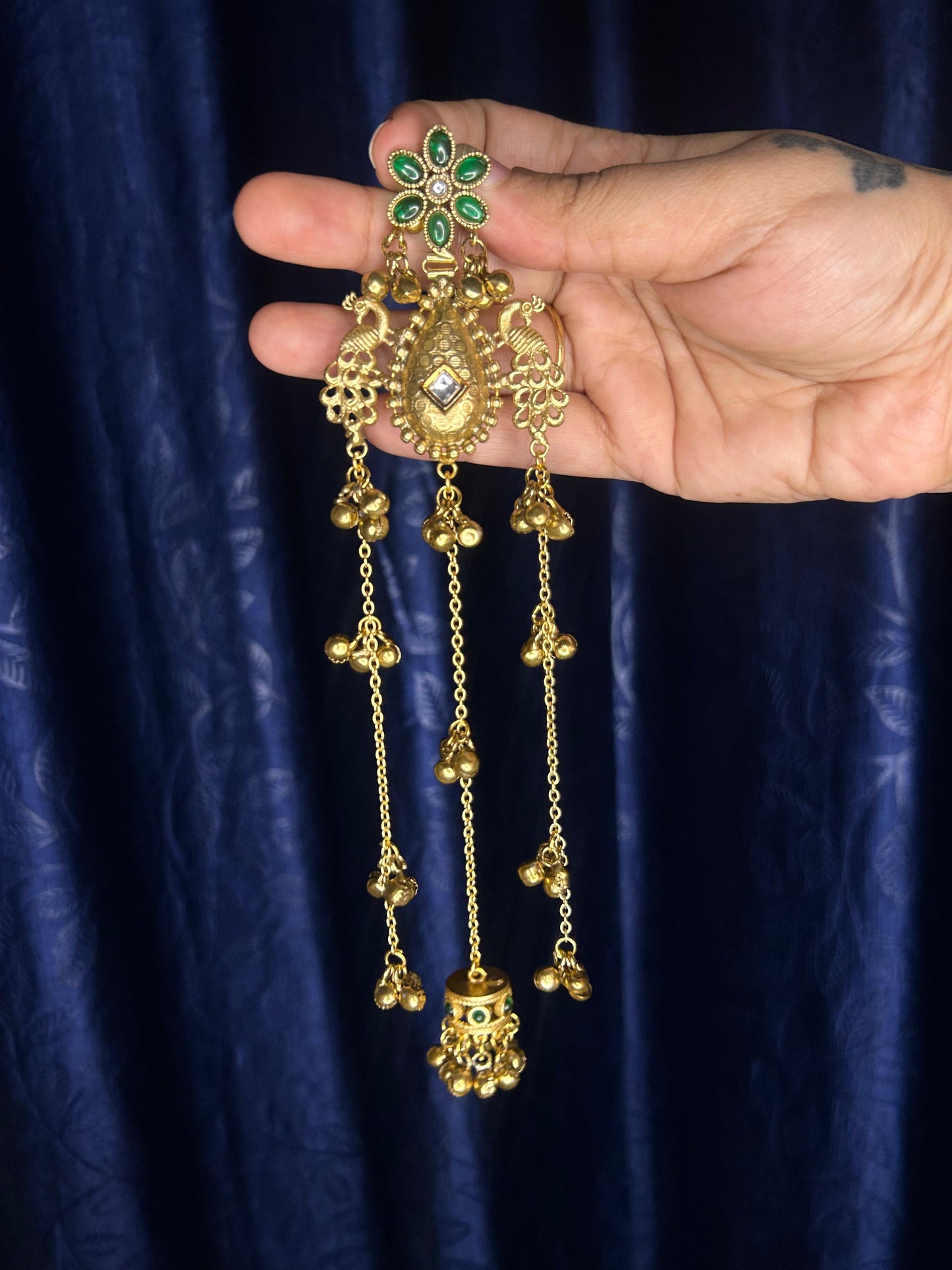 Kashmiri Ghungroo Earrings with Green Flower