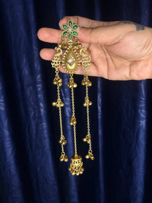 Kashmiri Ghungroo Earrings with Green Flower