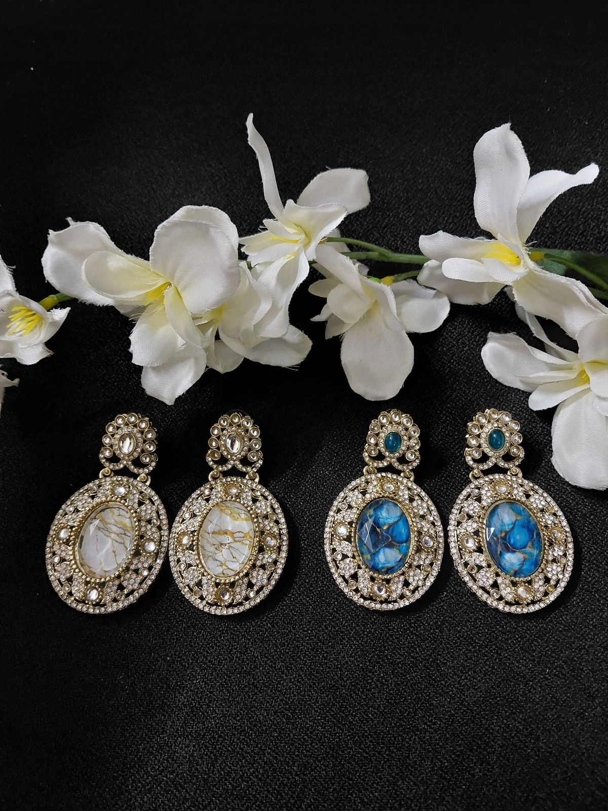 Golden Earrings with White or Blue Oval Stone