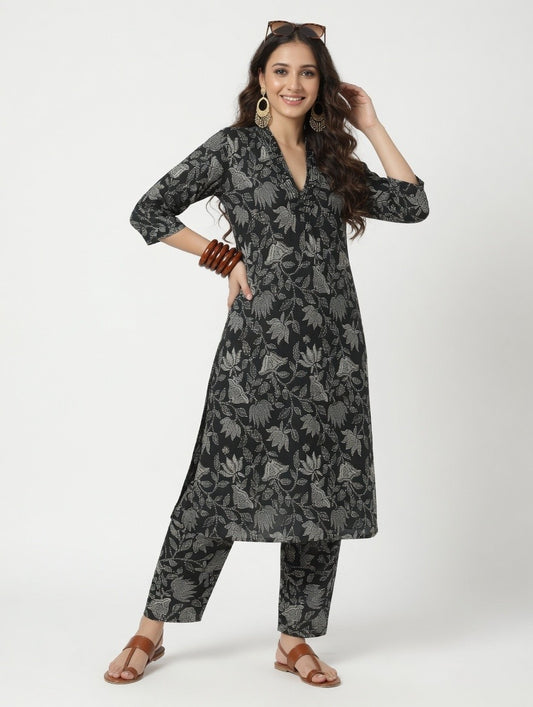 Black & Beige Floral Printed Co-Ord Set | V-Neck Kurta with Matching Palazzo