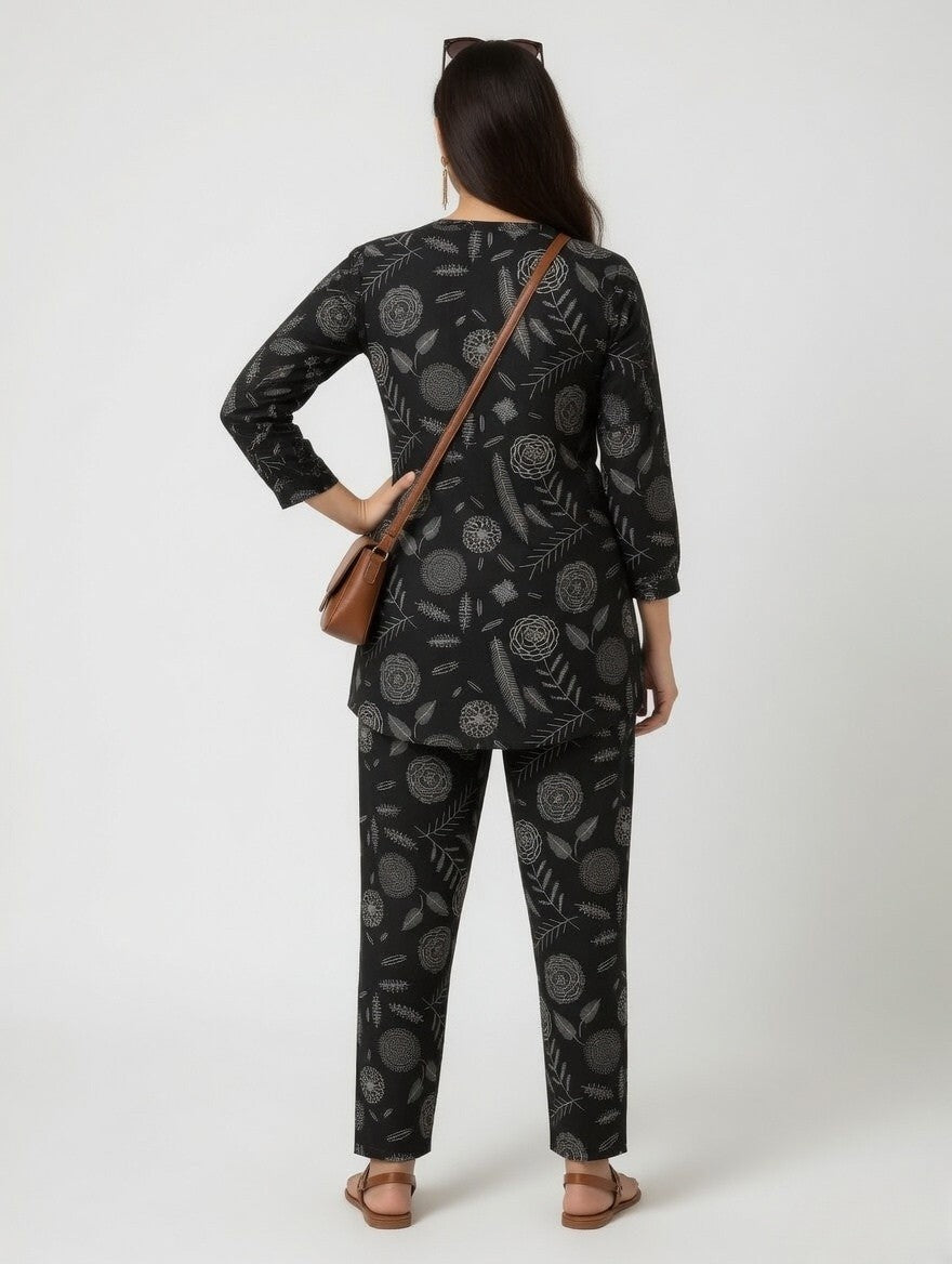 Black Botanical Printed Co-Ord Set | Shirt Collar Kurta with Matching Pants for Women