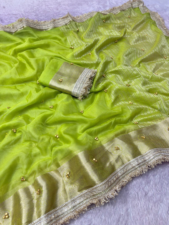 Organza Ghungroo Saree – Parrot Green with Banarasi Border