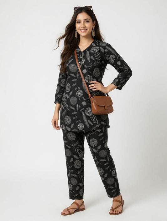 Black Botanical Printed Co-Ord Set | Shirt Collar Kurta with Matching Pants for Women