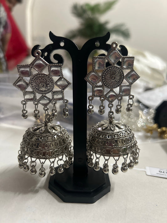 Silver Mirror Star Jhumka Earrings