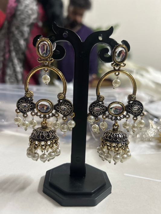 Antique Black Gold Kundan Chandbali Jhumka with Pearls