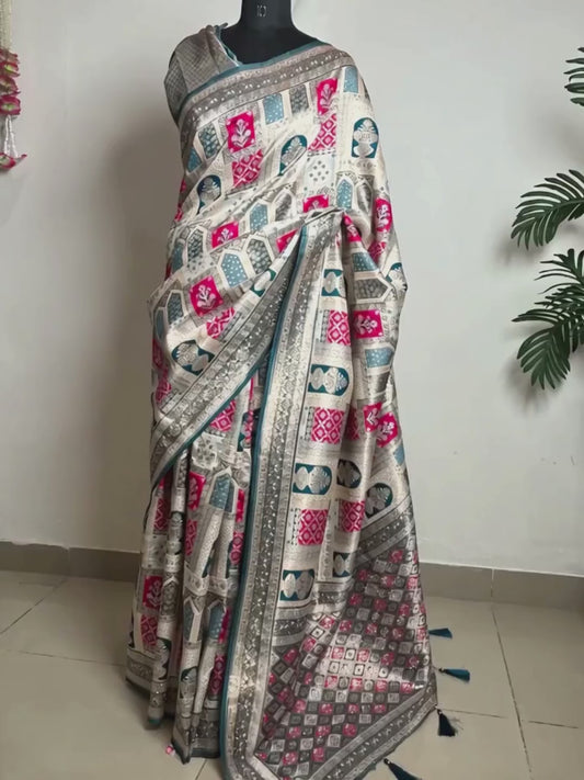 Teal blue and rani pink Banarasi silk saree with meenakari panel weave, video