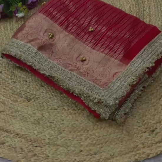 Red organza ghungroo saree with Banarasi border, video of ghungroo bells and drape