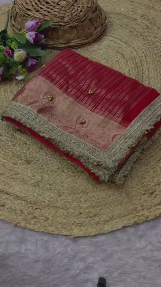 Red organza ghungroo saree with Banarasi border, video of ghungroo bells and drape