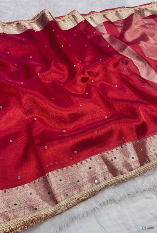 Red tissue organza saree with mirror work and Banarasi border, drape video