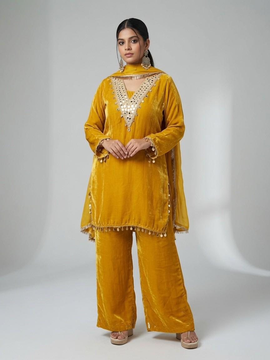 Yellow / Rust-orange mirror work set